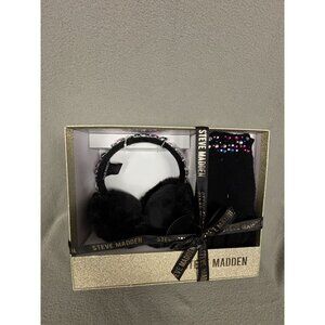 Steve Madden Faux Fur Earmuffs & Bejeweled Socks Gift Set Black One Size NWB